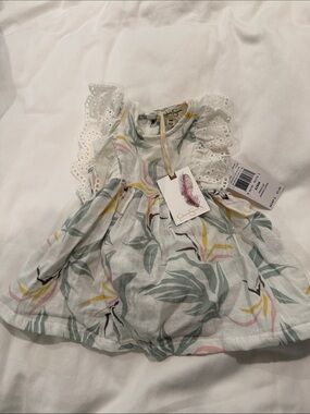 Jessica Simpson Baby Floral Eyelet Ruffle Dress - White with Pastel Leaves